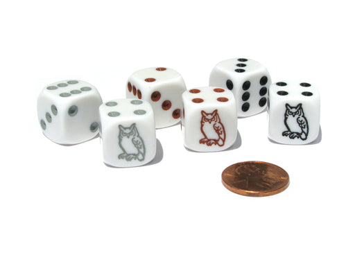 Set of 6 Owl 16mm Dice - 2 Each of White with Black, Brown, and Gray Pips