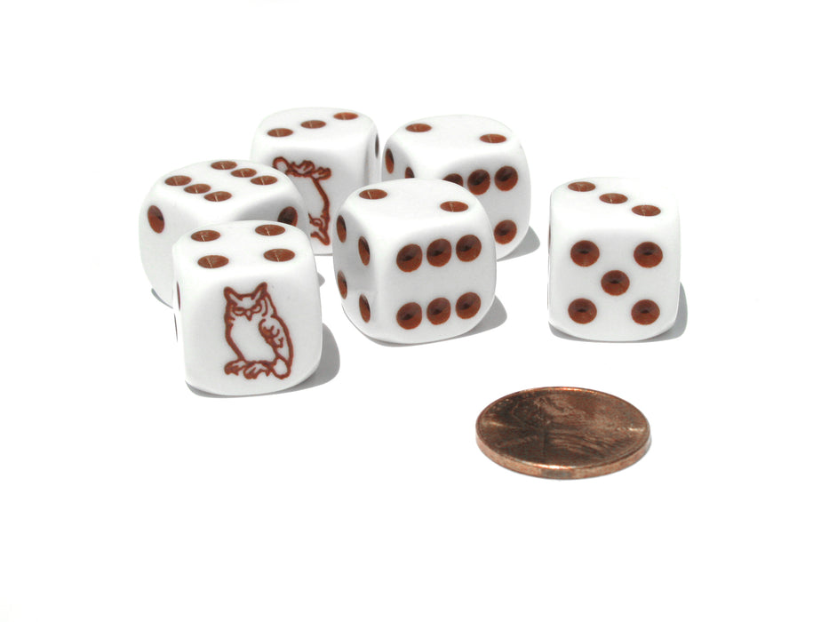 Set of 6 Owl 16mm D6 Round Edged Animal Dice - White with Brown Pips