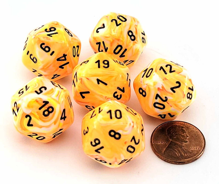 Festive 20mm D20 Chessex Dice, 6 Pieces - Sunburst with Black Numbers