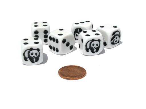 Set of 6 Panda 16mm D6 Round Edged Animal Dice - White with Black Pips