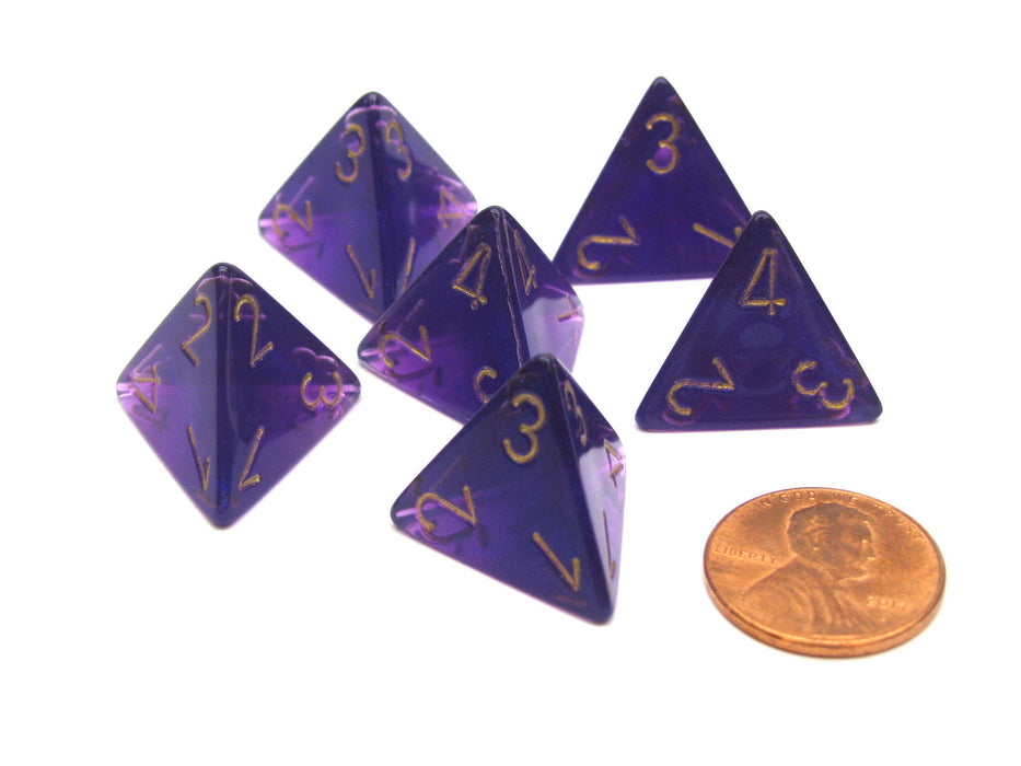 Borealis 18mm 4 Sided D4 Chessex Dice, 6 Pieces - Royal Purple with Gold