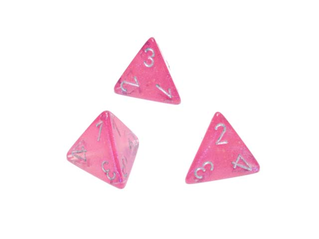 Luminary Borealis 18mm 4 Sided D4 Dice, 6 Pieces - Pink with Silver Numbers
