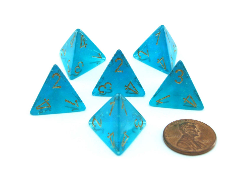Luminary Borealis 18mm 4 Sided D4 Dice, 6 Pieces - Teal with Gold Numbers