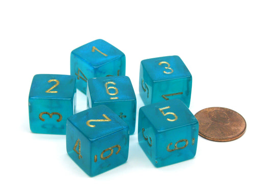 Borealis 15mm D6 Polyhedral Chessex Dice, 6 Pieces - Teal with Gold Numbers