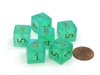 Borealis 15mm 6 Sided D6 Chessex Dice, 6 Pieces - Light Green with Gold Numbers