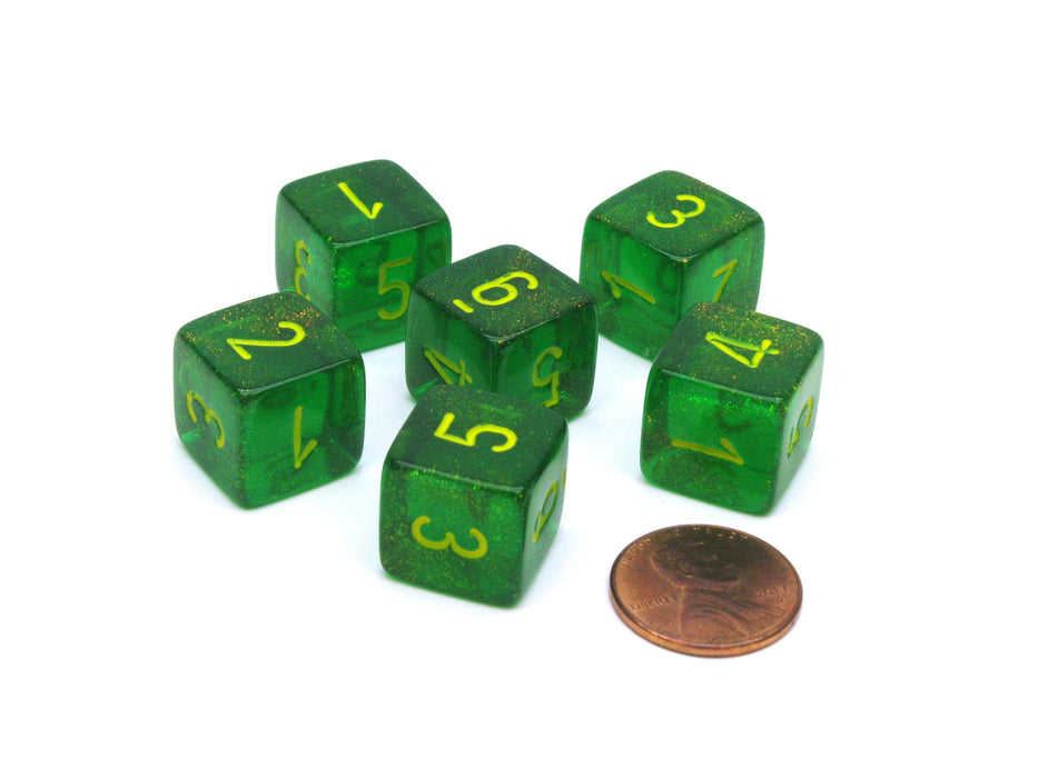 Borealis 15mm D6 Numbered Chessex Dice, 6 Pieces - Maple Green with Yellow