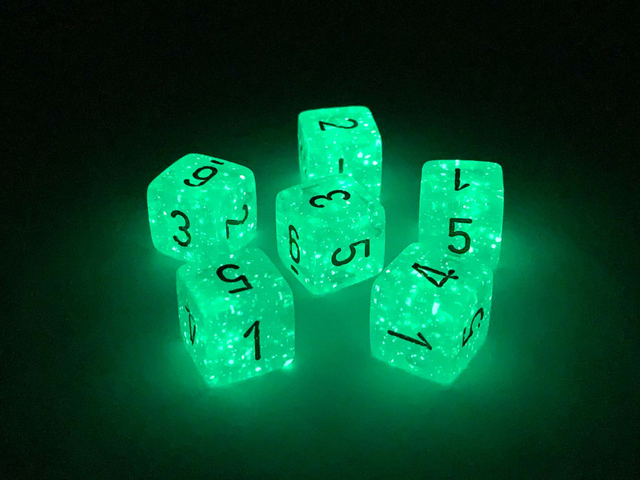 Luminary Borealis 15mm 6 Sided D6 Dice, 6 Pieces - Light Green with Gold Numbers