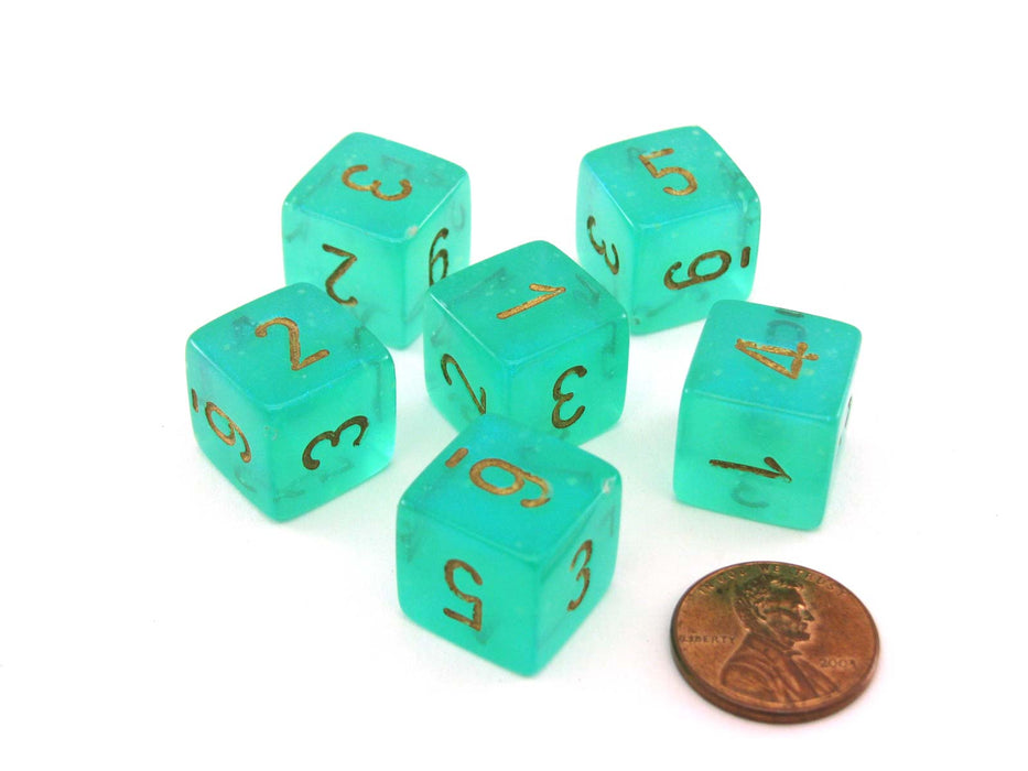 Luminary Borealis 15mm 6 Sided D6 Dice, 6 Pieces - Light Green with Gold Numbers