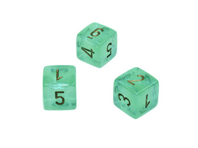 Luminary Borealis 15mm 6 Sided D6 Dice, 6 Pieces - Light Green with Gold Numbers