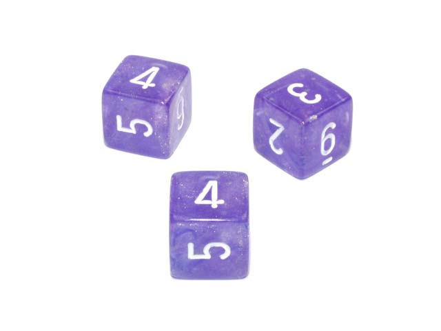 Luminary Borealis 15mm 6 Sided D6 Dice, 6 Pieces - Purple with White Numbers
