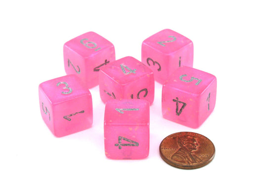 Luminary Borealis 15mm 6 Sided D6 Dice, 6 Pieces - Pink with Silver Numbers