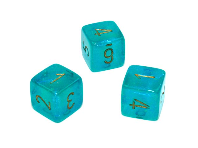 Luminary Borealis 15mm 6 Sided D6 Dice, 6 Pieces - Teal with Gold Numbers