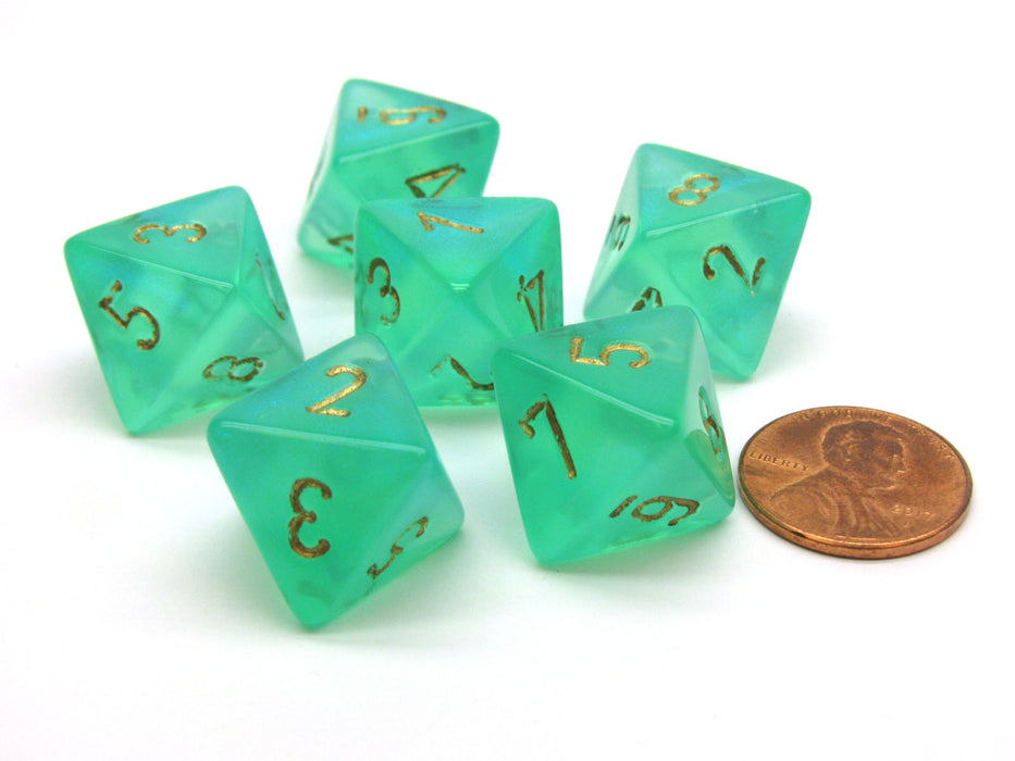 Borealis 15mm 8 Sided D8 Chessex Dice, 6 Pieces - Light Green with Gold