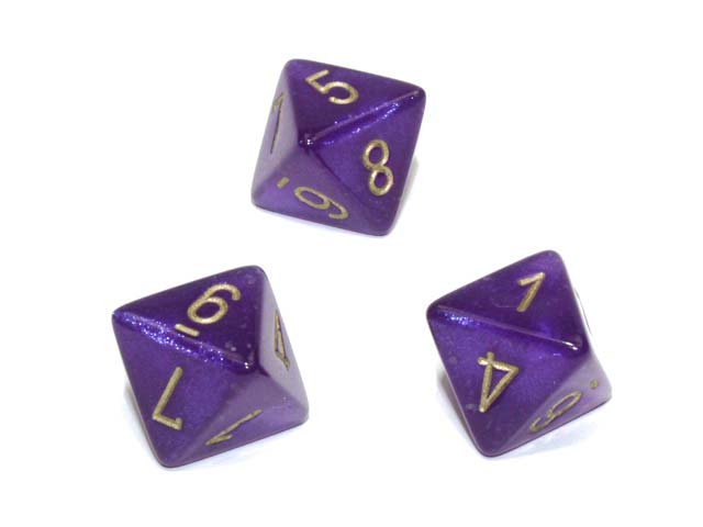 Luminary Borealis 15mm 8 Sided D8 Dice, 6 Piece - Royal Purple with Gold Numbers