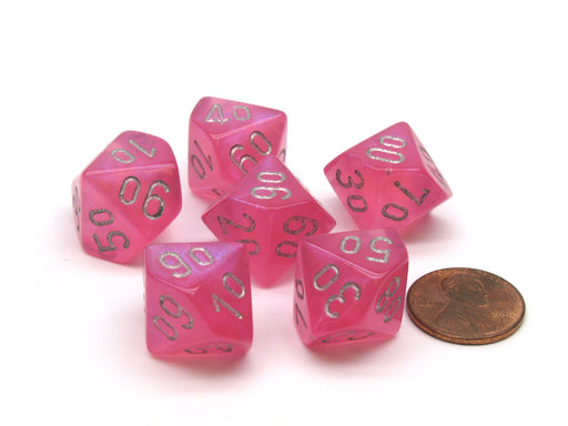 Borealis 16mm Tens D10 (00-90) Chessex Dice, 6 Pieces - Pink with Silver Numbers