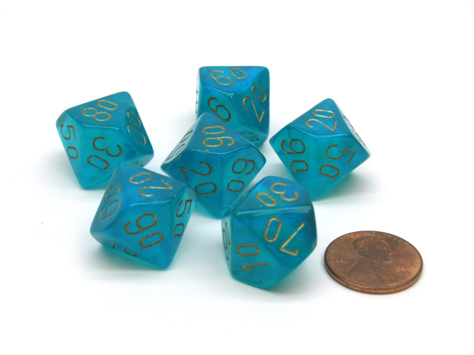 Borealis 16mm Tens D10 (00-90) Chessex Dice, 6 Pieces - Teal with Gold Numbers