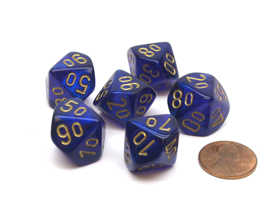 Borealis 16mm Tens D10 (00-90) Chessex Dice, 6 Pieces - Royal Purple with Gold