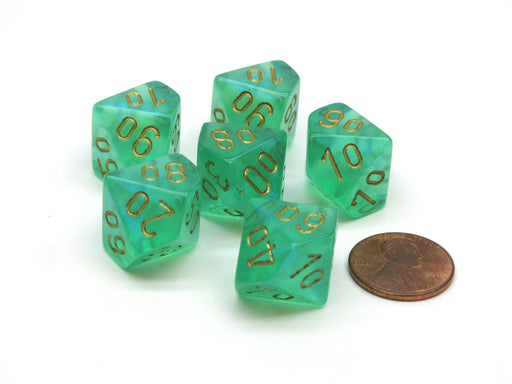 Borealis 16mm Tens D10 (00-90) Chessex Dice, 6 Pieces - Light Green with Gold