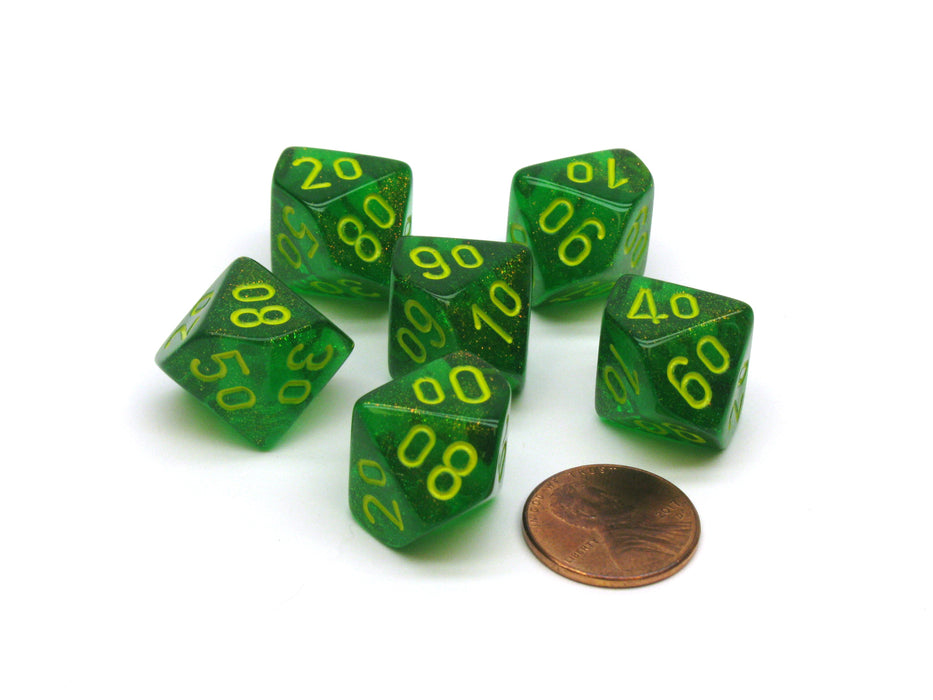 Borealis 16mm Tens D10 (00-90) Chessex Dice, 6 Pieces - Maple Green with Yellow