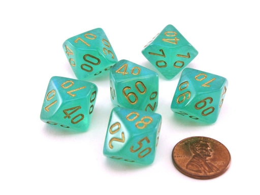 Luminary Borealis 16mm Tens D10 (00-90) Dice, 6 Pieces - Light Green with Gold