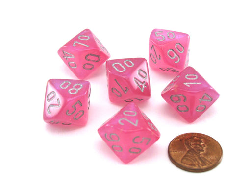 Luminary Borealis 16mm Tens D10 (00-90) Dice, 6 Piece - Pink with Silver Numbers