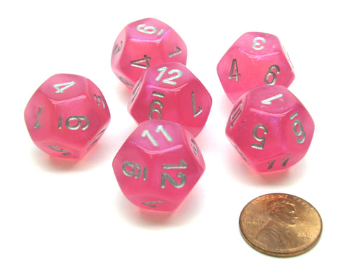 Borealis 18mm 12 Sided D12 Chessex Dice, 6 Pieces - Pink with Silver
