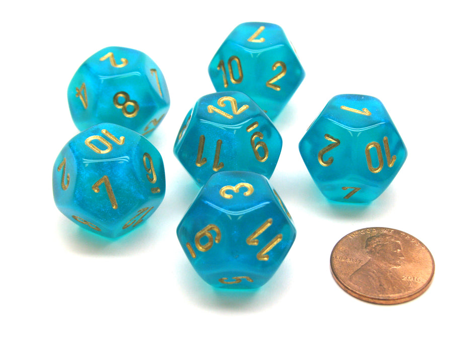 Borealis 18mm 12 Sided D12 Chessex Dice, 6 Pieces - Teal with Gold