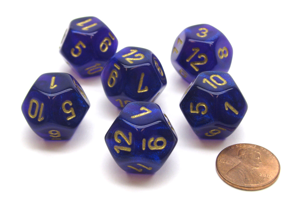 Borealis 18mm 12 Sided D12 Chessex Dice, 6 Pieces - Royal Purple with Gold