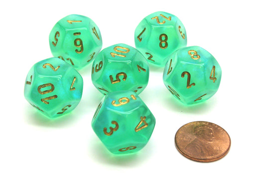 Borealis 18mm 12 Sided D12 Chessex Dice, 6 Pieces - Light Green with Gold