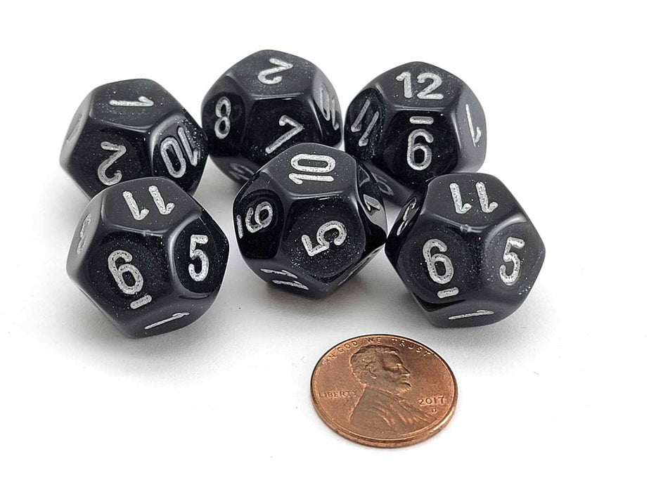 Borealis 18mm 12 Sided D12 Chessex Dice, 6 Pieces - Smoke with Silver