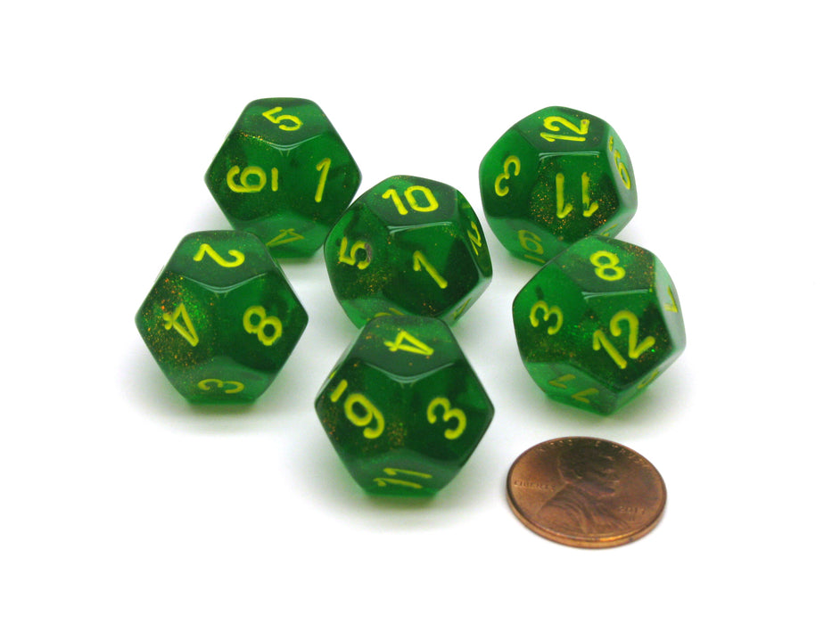 Borealis 18mm D12 Chessex Dice, 6 Pieces - Maple Green with Yellow Numbers