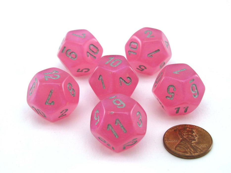 Luminary Borealis 18mm 12 Sided D12 Dice, 6 Pieces - Pink with Silver Numbers
