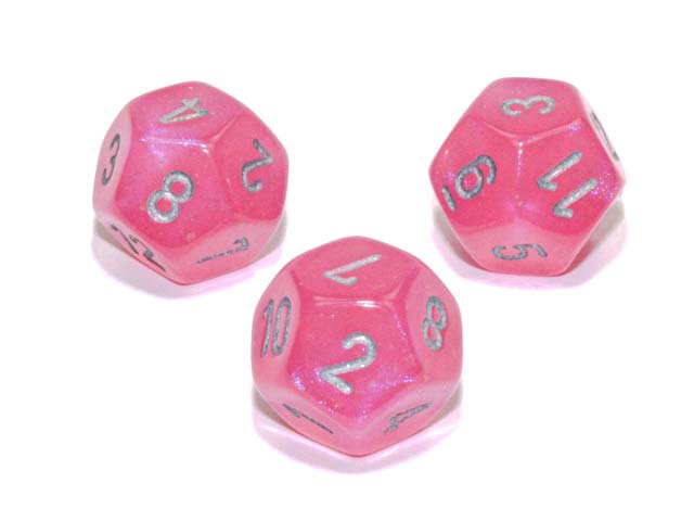 Luminary Borealis 18mm 12 Sided D12 Dice, 6 Pieces - Pink with Silver Numbers