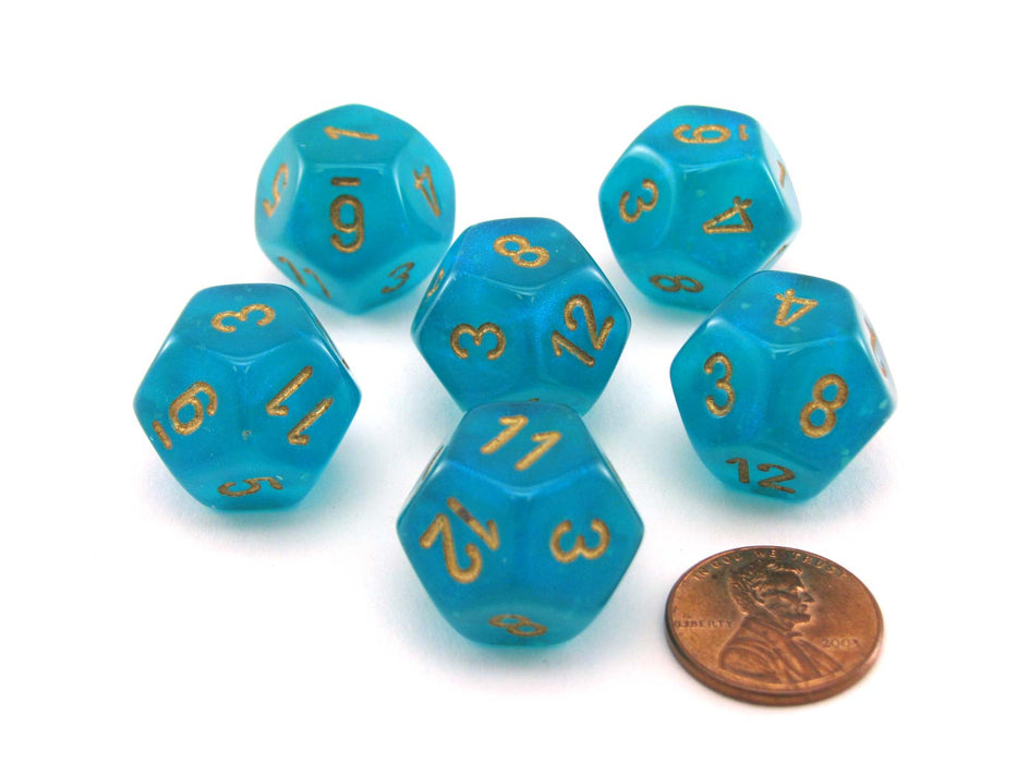 Luminary Borealis 18mm 12 Sided D12 Dice, 6 Pieces - Teal with Gold Numbers