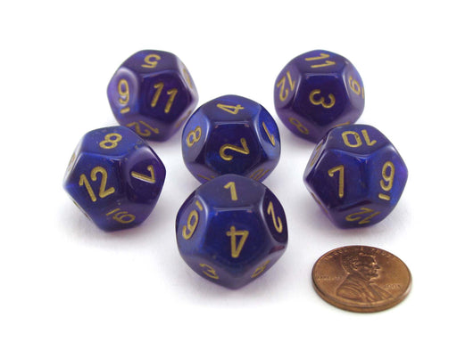 Luminary Borealis 18mm D12 Dice, 6 Pieces - Royal Purple with Gold Numbers