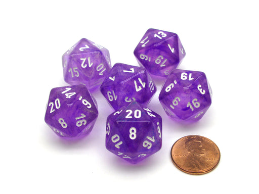 Borealis 20 Sided D20 Chessex Dice, 6 Pieces - Purple with White Numbers