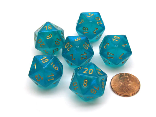 Borealis 20 Sided D20 Chessex Dice, 6 Pieces - Teal with Gold Numbers