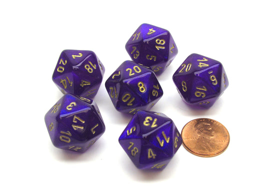 Borealis 20 Sided D20 Chessex Dice, 6 Pieces - Royal Purple with Gold Numbers