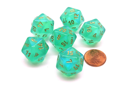 Borealis 20 Sided D20 Chessex Dice, 6 Pieces - Light Green with Gold Numbers