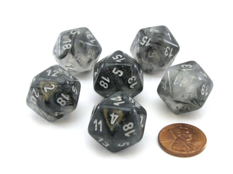 Luminary Borealis 20 Sided D20 Dice, 6 Pieces - Light Smoke with Silver Numbers
