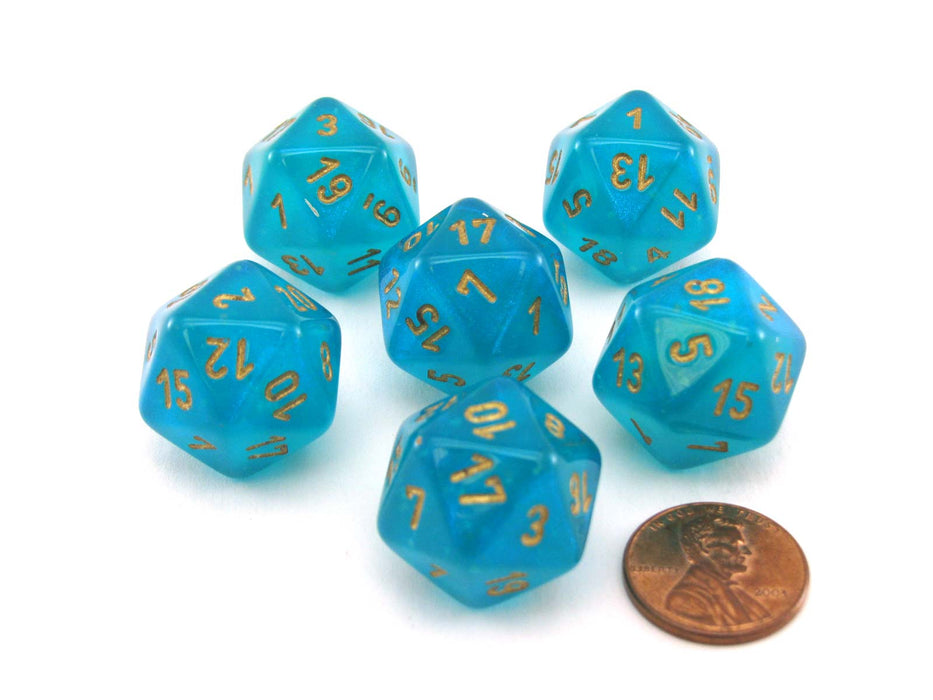 Luminary Borealis 20 Sided D20 Dice, 6 Pieces - Teal with Gold Numbers