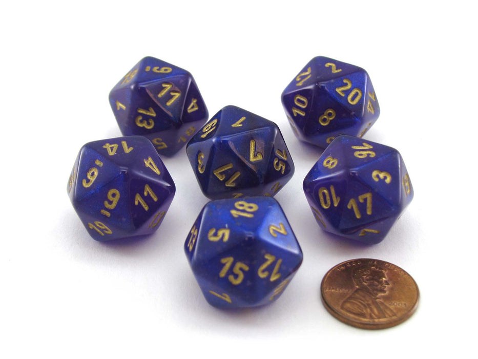 Luminary Borealis 20 Sided D20 Dice, 6 Pieces - Royal Purple with Gold Numbers