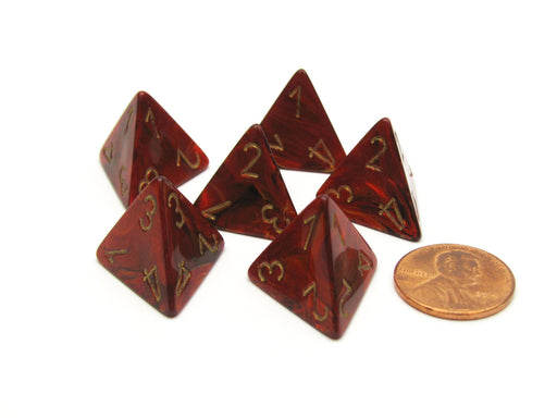 Scarab 18mm 4 Sided D4 Chessex Dice, 6 Pieces - Scarlet with Gold