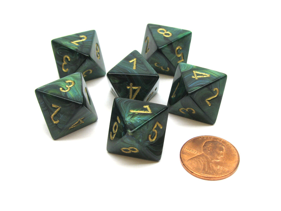Scarab 15mm 8 Sided D8 Chessex Dice, 6 Pieces - Jade with Gold