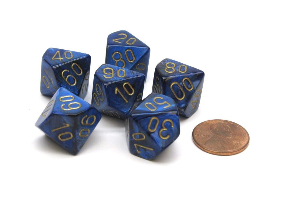 Scarab 16mm Tens D10 (00-90) Dice, 6 Pieces - Royal Blue with Gold Numbers