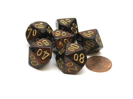 Scarab 16mm Tens D10 (00-90) Dice, 6 Pieces - Blue Blood with Gold Numbers
