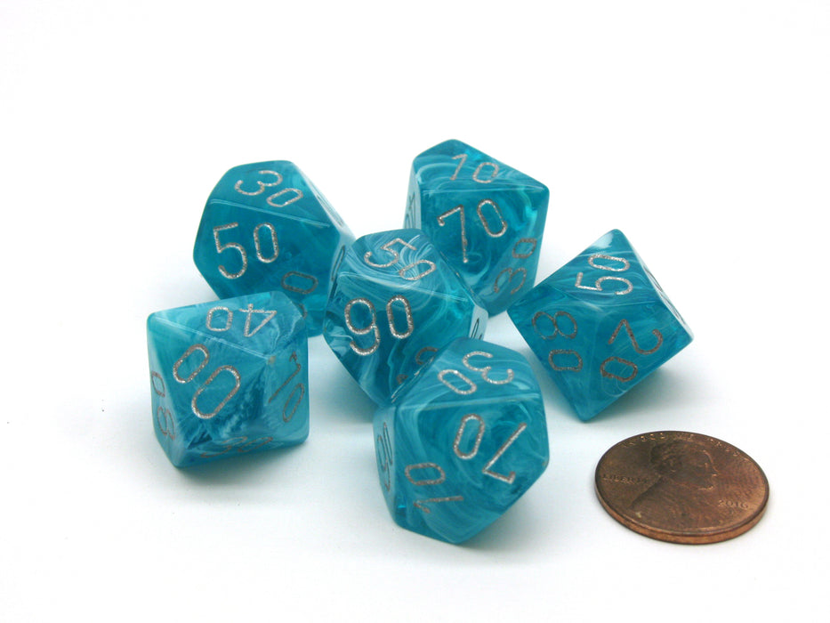 Cirrus 16mm Tens D10 (00-90) Chessex Dice, 6 Pieces - Aqua with Silver Numbers