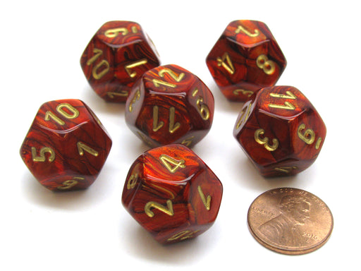 Scarab 18mm 12 Sided D12 Chessex Dice, 6 Pieces - Scarlet with Gold