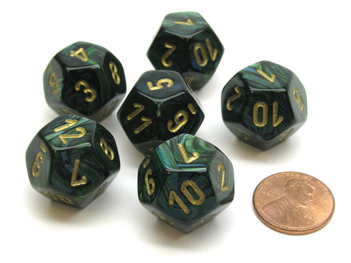 Scarab 18mm 12 Sided D12 Chessex Dice, 6 Pieces - Jade with Gold