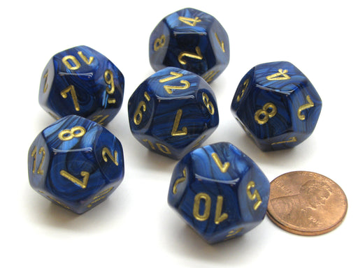 Scarab 18mm 12 Sided D12 Chessex Dice, 6 Pieces - Royal Blue with Gold